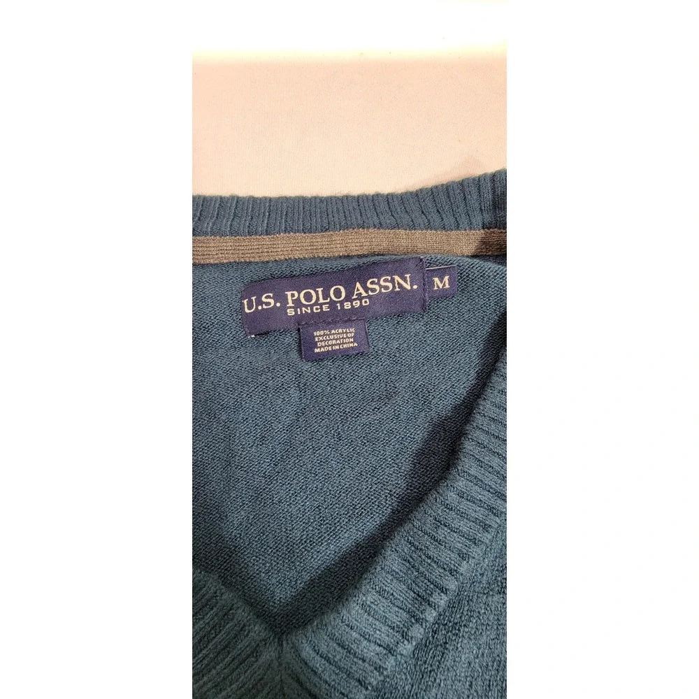 US Polo Assn Mens V-Neck Sweater Teal Blue Long Sleeve Logo Knit Medium